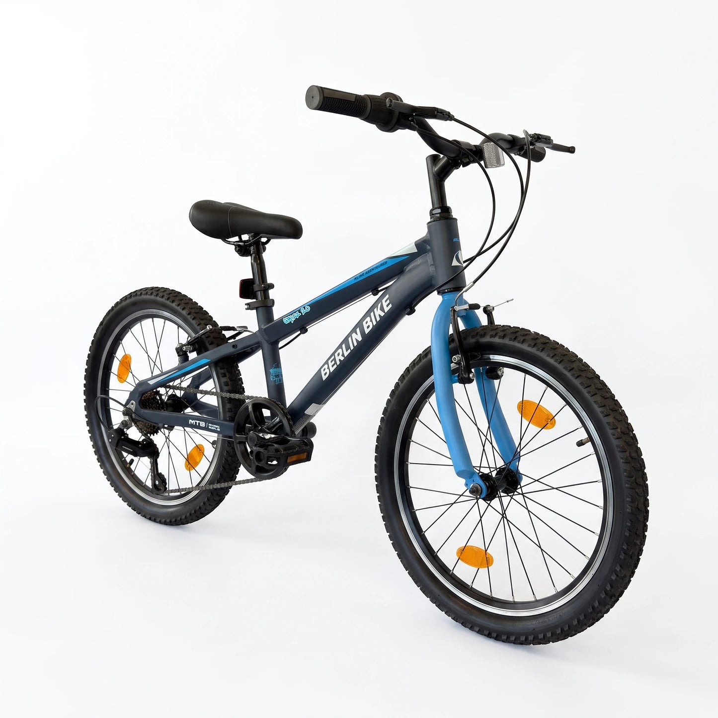 Berlin Bike MTB1 Kids Bike 20 Inch 45-degree side view blue