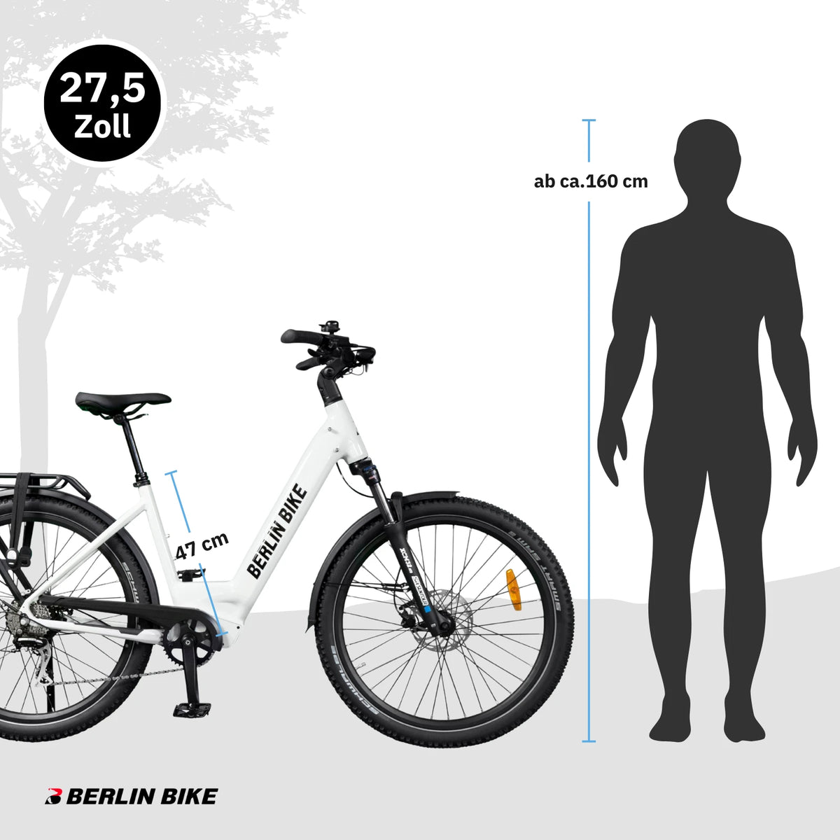Berlin Bike SUV Trekking E-Bike 27.5 Inch size guiding and dimensions shiny white
