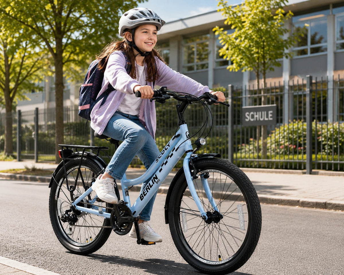 Berlin Bike Scoly Youth School Bike youth rider outdoors blue