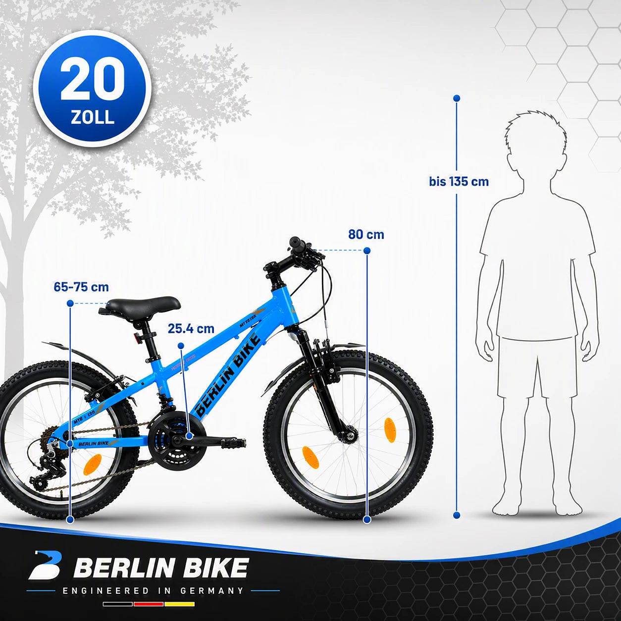Berlin Bike MTB1 Kids Bike 20 Inch size guide and dimensions blue