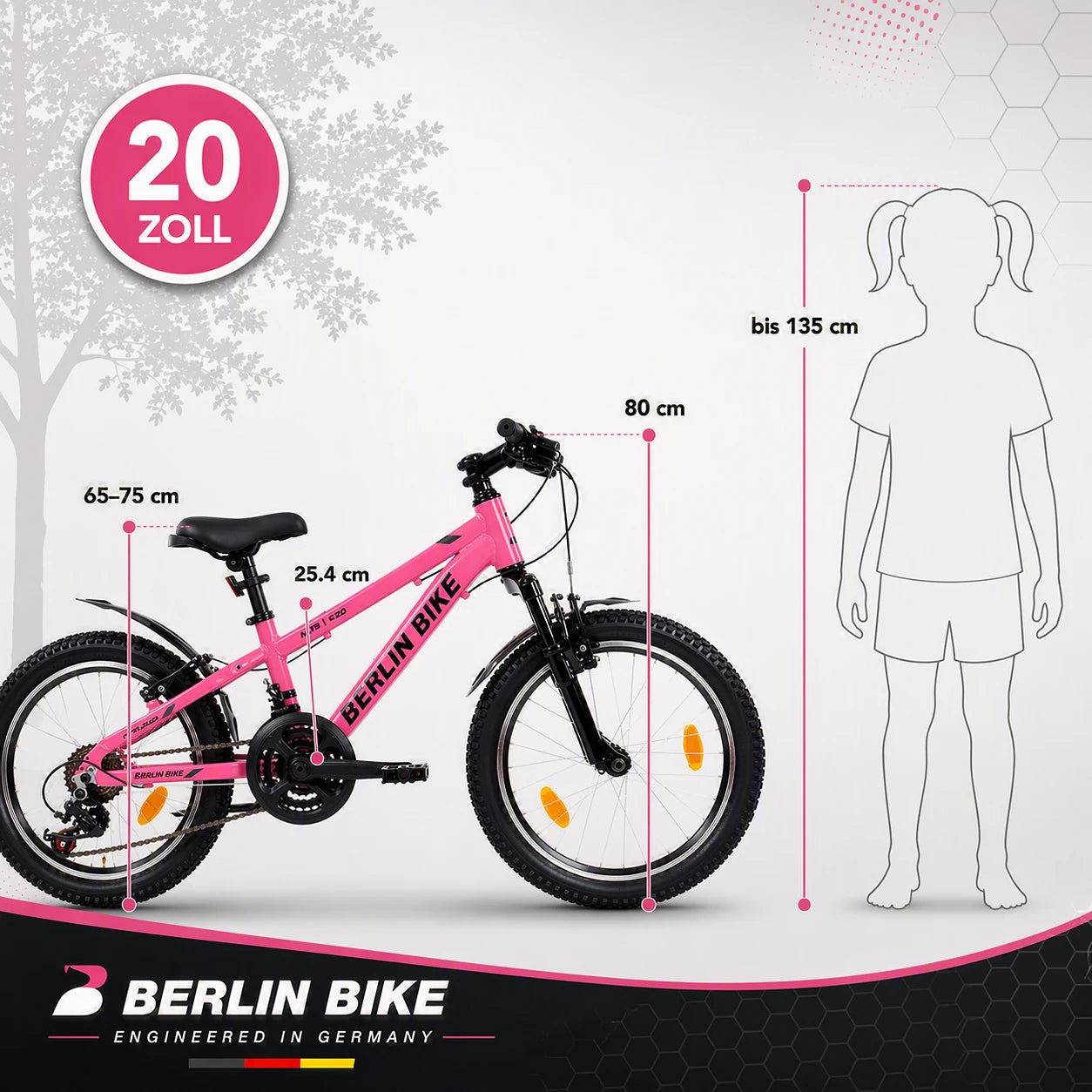 Berlin Bike MTB1 Kids Bike 20 Inch size guide and dimensions fuchsia