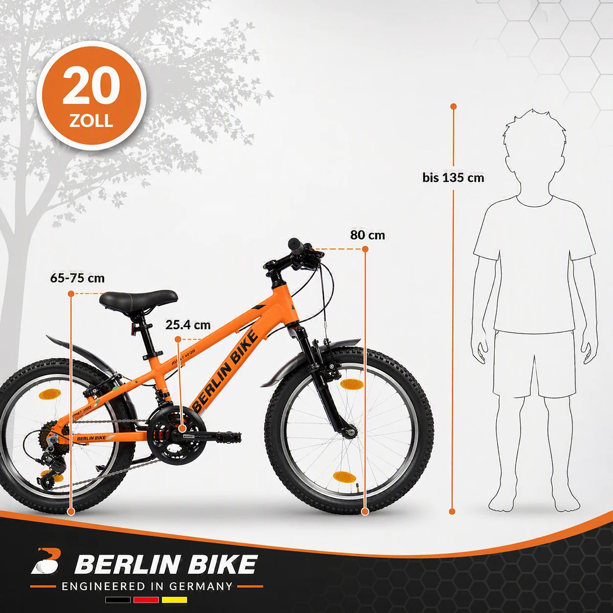 Berlin Bike MTB1 Kids Bike 20 Inch size guide and dimensions orange