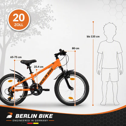 Berlin Bike MTB1 Kids Bike 20 Inch size guide and dimensions orange