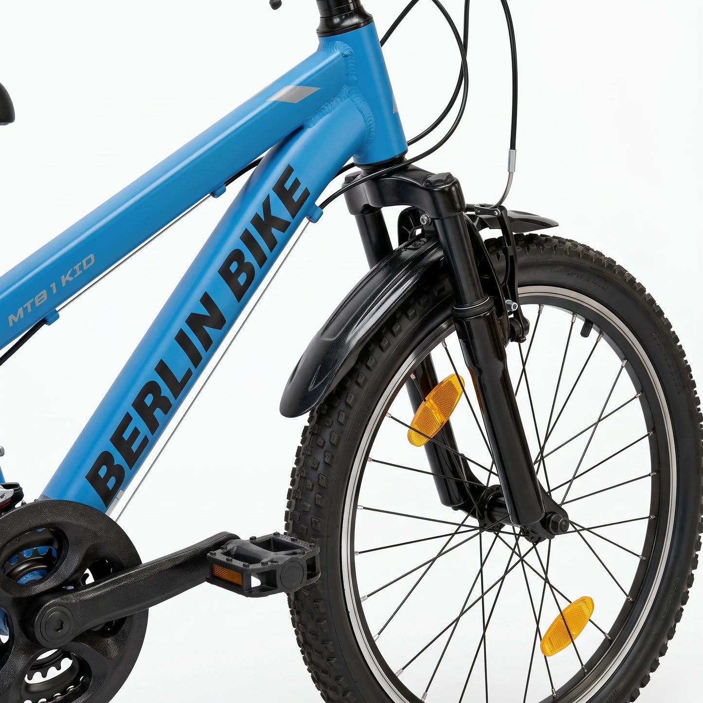 Berlin Bike MTB1 Kids Bike 20 Inch front wheel and pedal detail blue