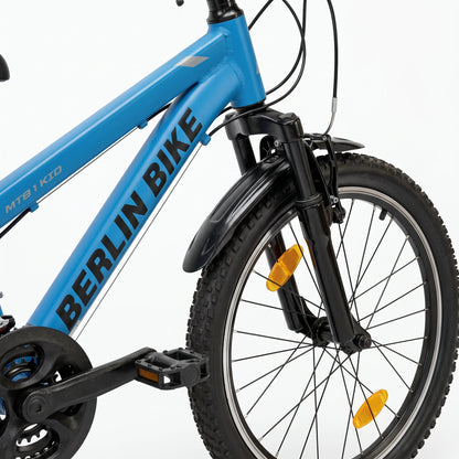Berlin Bike MTB1 Kids Bike 20 Inch front wheel and pedal detail blue