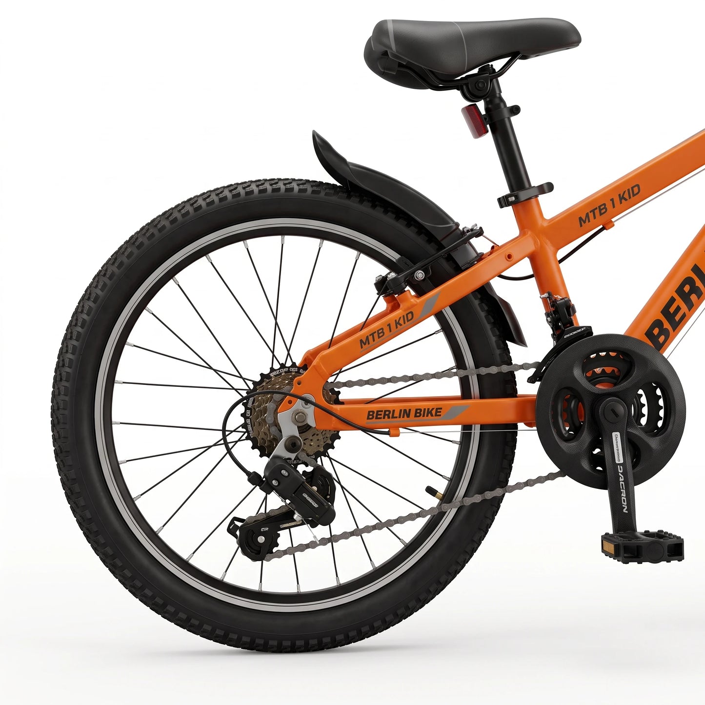 Berlin Bike MTB1 Kids Bike 20 Inch rear derailleur and drivetrain detail orange