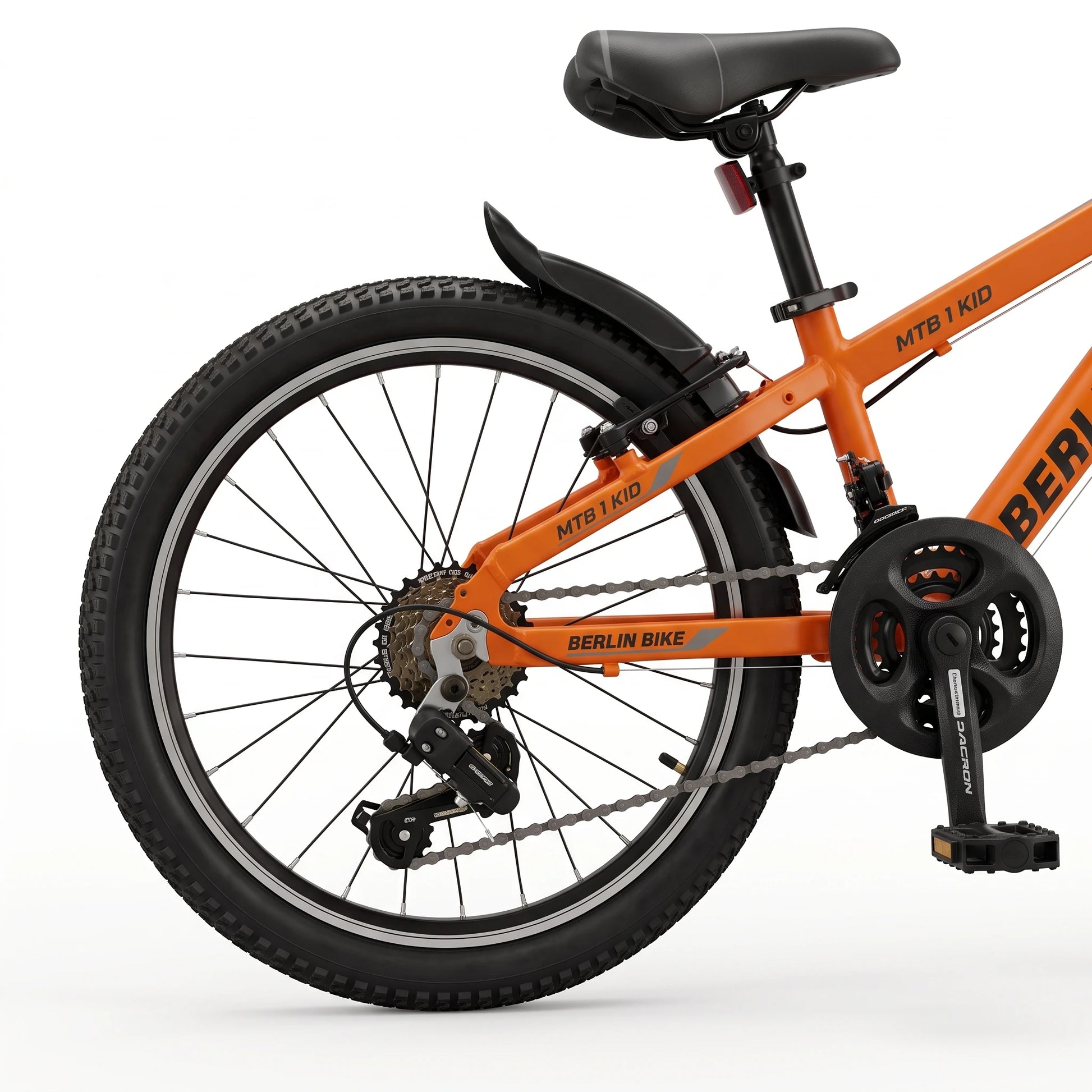 Berlin Bike MTB1 Kids Bike 20 Inch rear derailleur and drivetrain detail orange