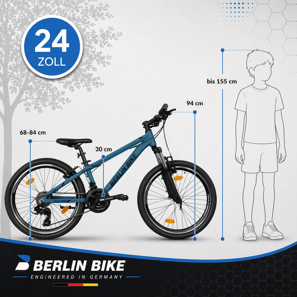 Berlin Bike MTB1 Youth Bike 24 Inch size guide and dimensions blue