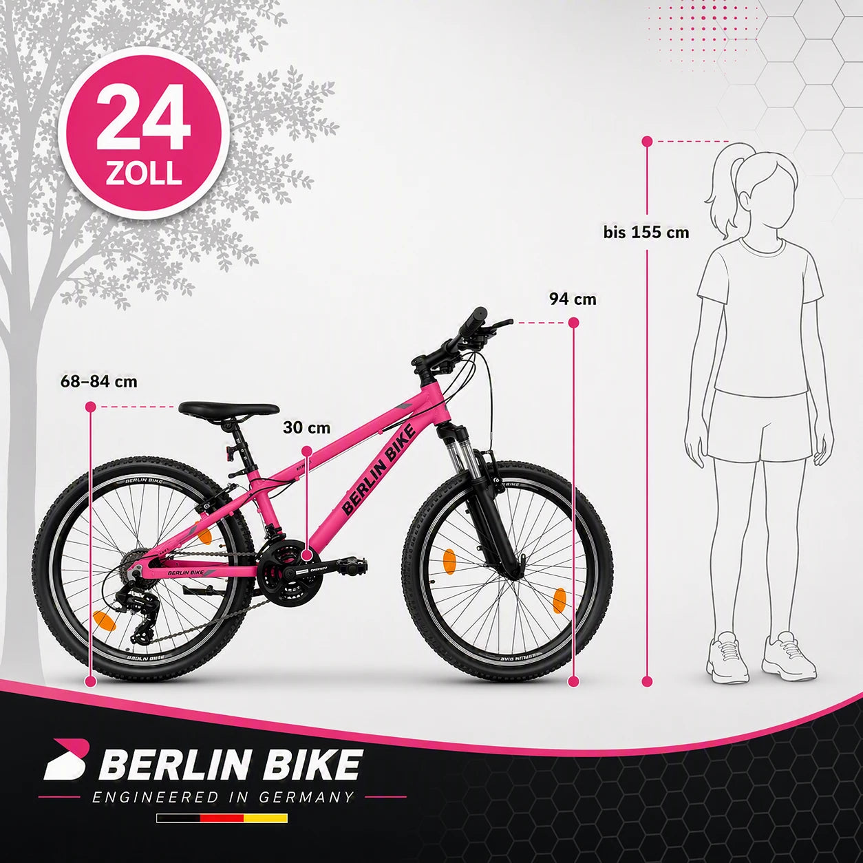 Berlin Bike MTB1 Youth Bike 24 Inch size guide and dimensions fuchsia