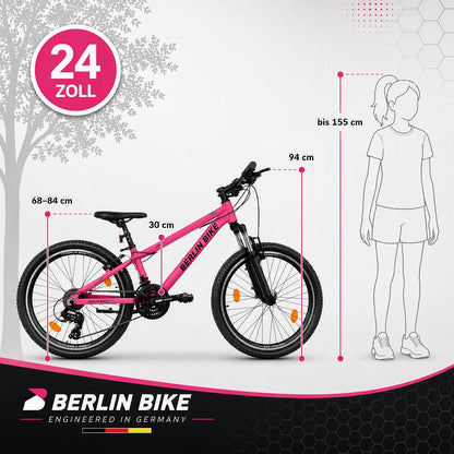 Berlin Bike MTB1 Youth Bike 24 Inch size guide and dimensions fuchsia
