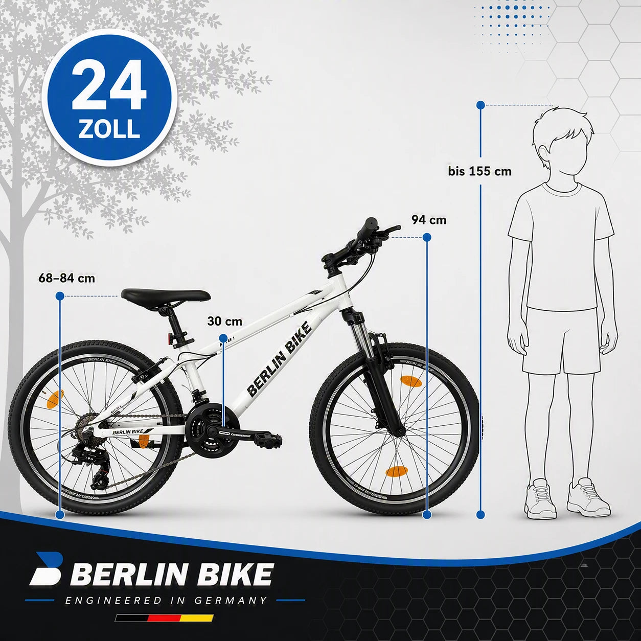 Berlin Bike MTB1 Youth Bike 24 Inch size guide and dimensions white