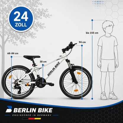 Berlin Bike MTB1 Youth Bike 24 Inch size guide and dimensions white