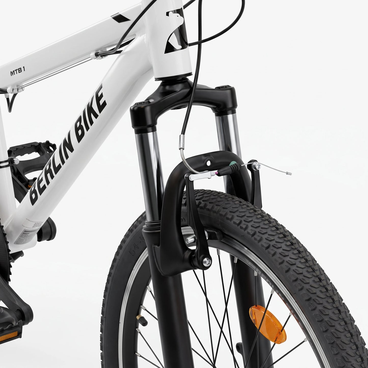Berlin Bike MTB1 Youth Bike 24 Inch front suspension fork and V-brake detail white