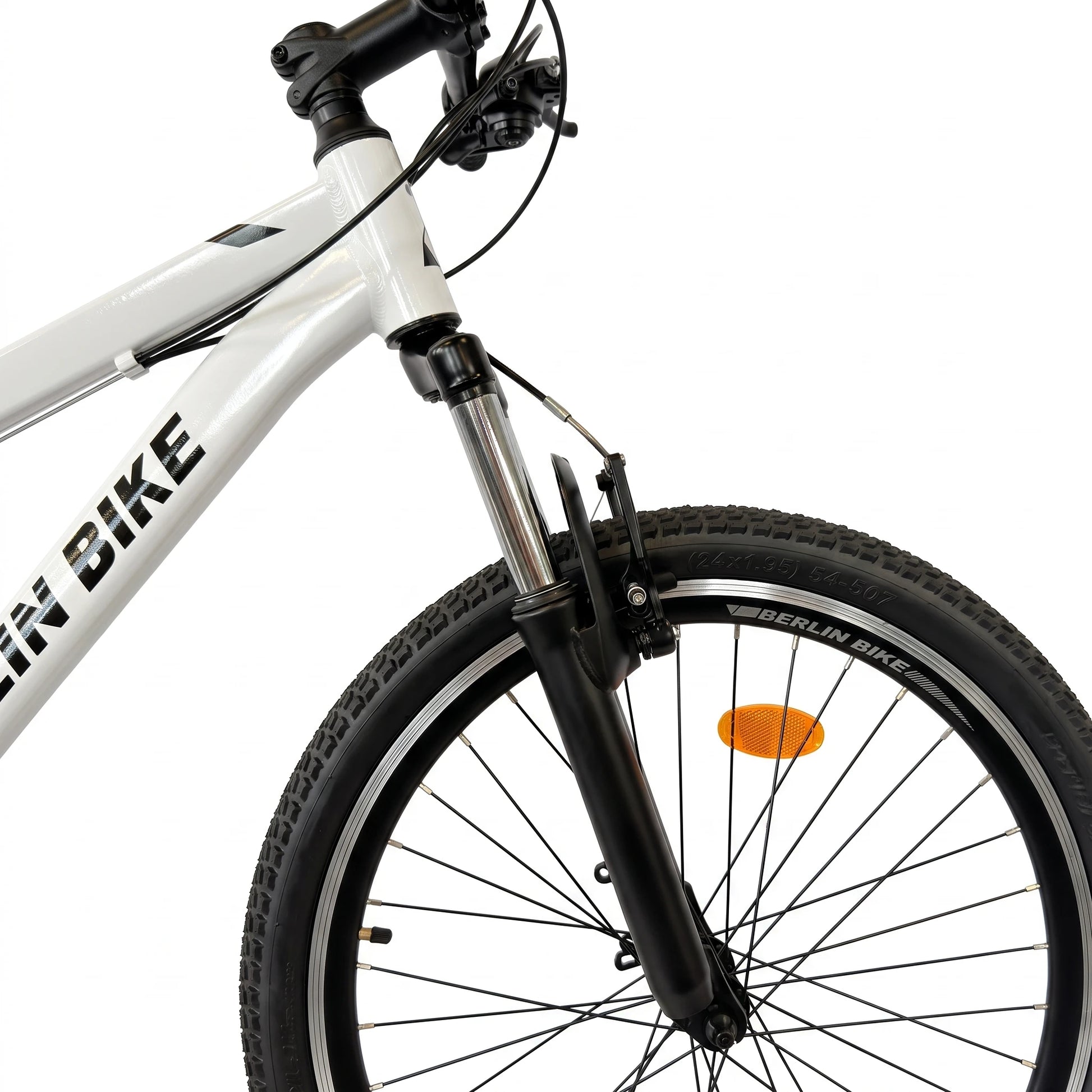Berlin Bike MTB1 Youth Bike 24 Inch front wheel, suspension fork detail white