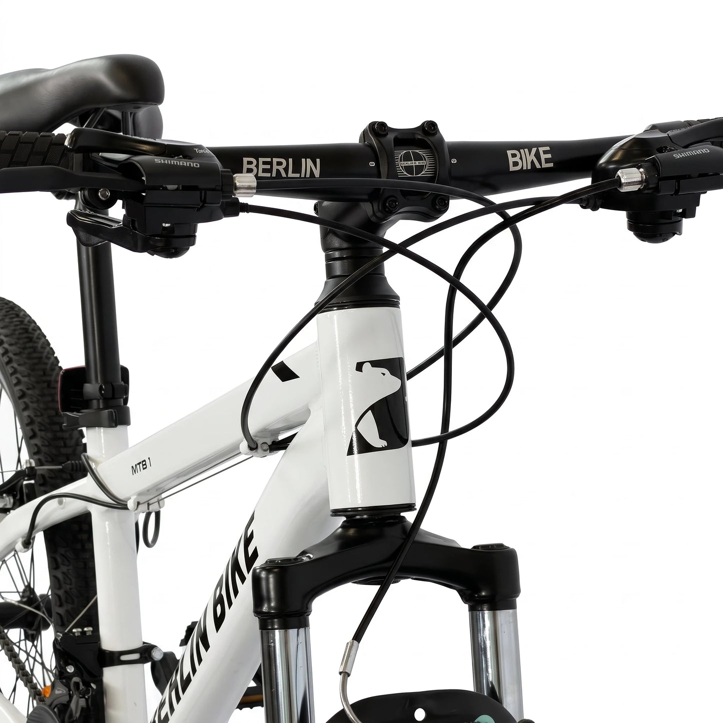 Berlin Bike MTB1 Youth Bike 24 Inch handlebar and cockpit detail white