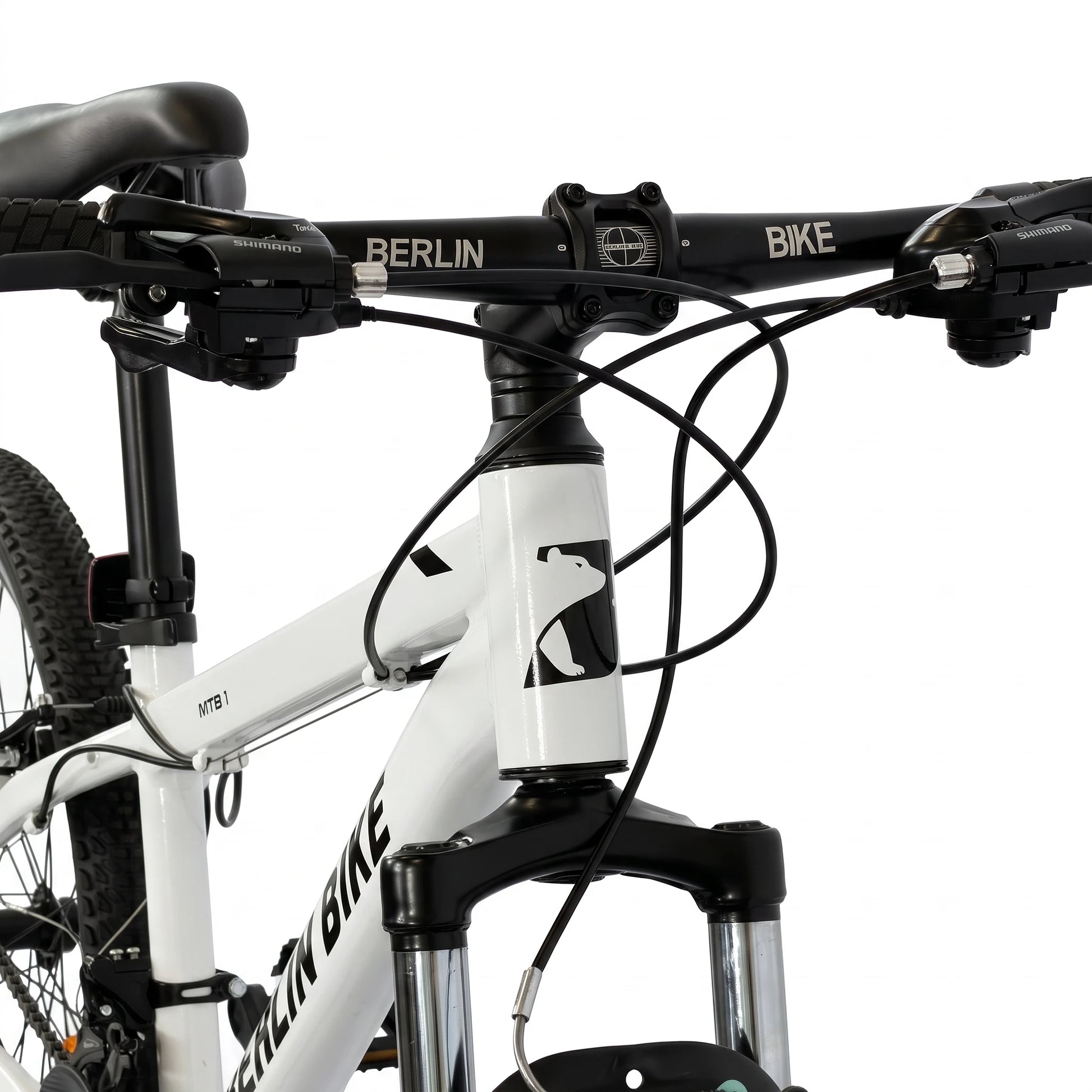 Berlin Bike MTB1 Youth Bike 24 Inch handlebar and cockpit detail white