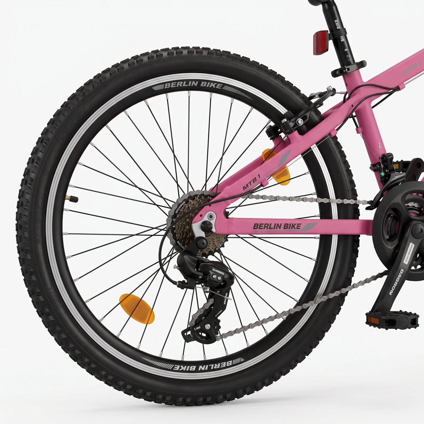 Berlin Bike MTB1 Youth Bike 24 Inch rear gears and drivetrain detail fuchsia