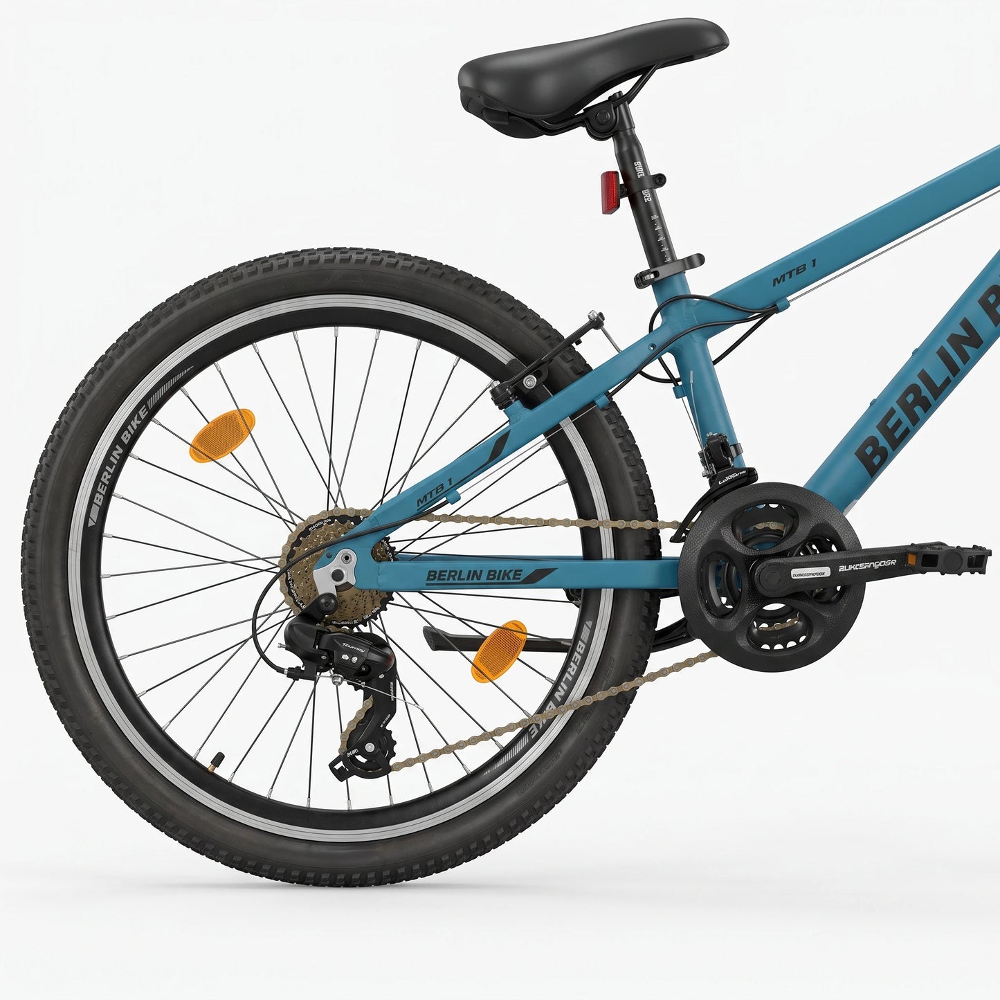 Berlin Bike MTB1 Youth Bike 24 Inch rear gear and drivetrain detail blue