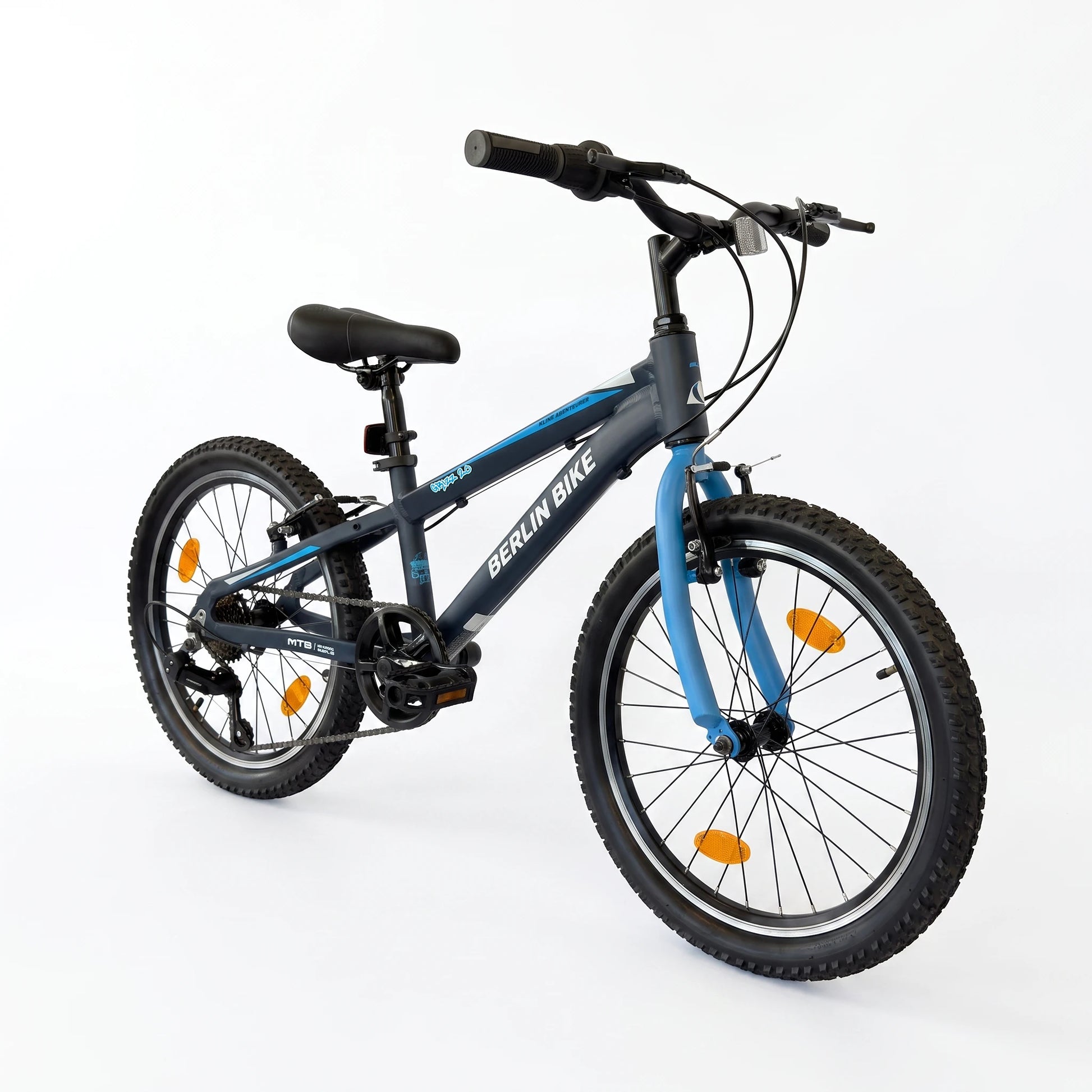 Berlin Bike MTB1 Kids Bike 20 Inch 45-degree side view blue