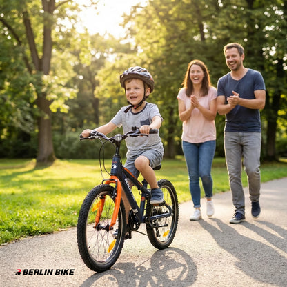 Berlin Bike Grizz Kids Mountain Bike 20 Inch child riding outdoors orange