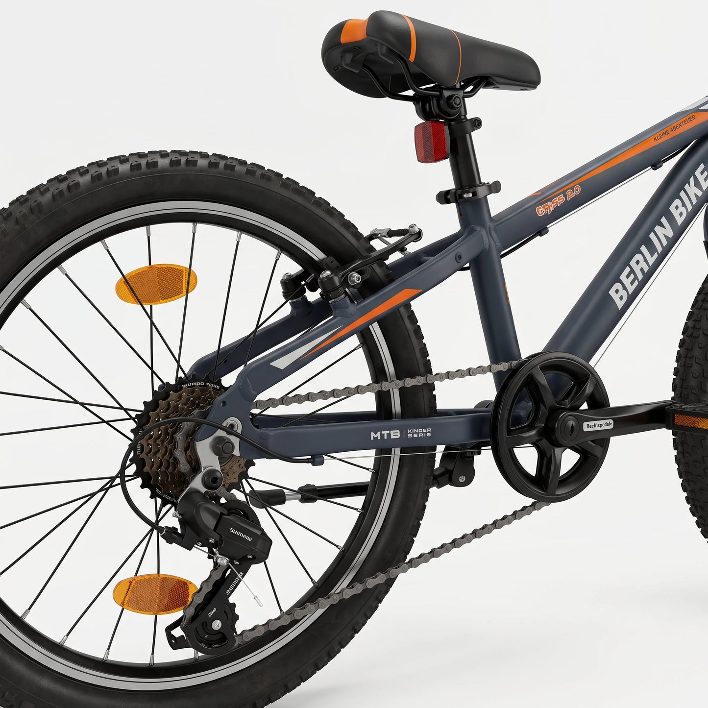 Berlin Bike Grizz Kids Mountain Bike 20 Inch rear gears and drivetrain detail Orange