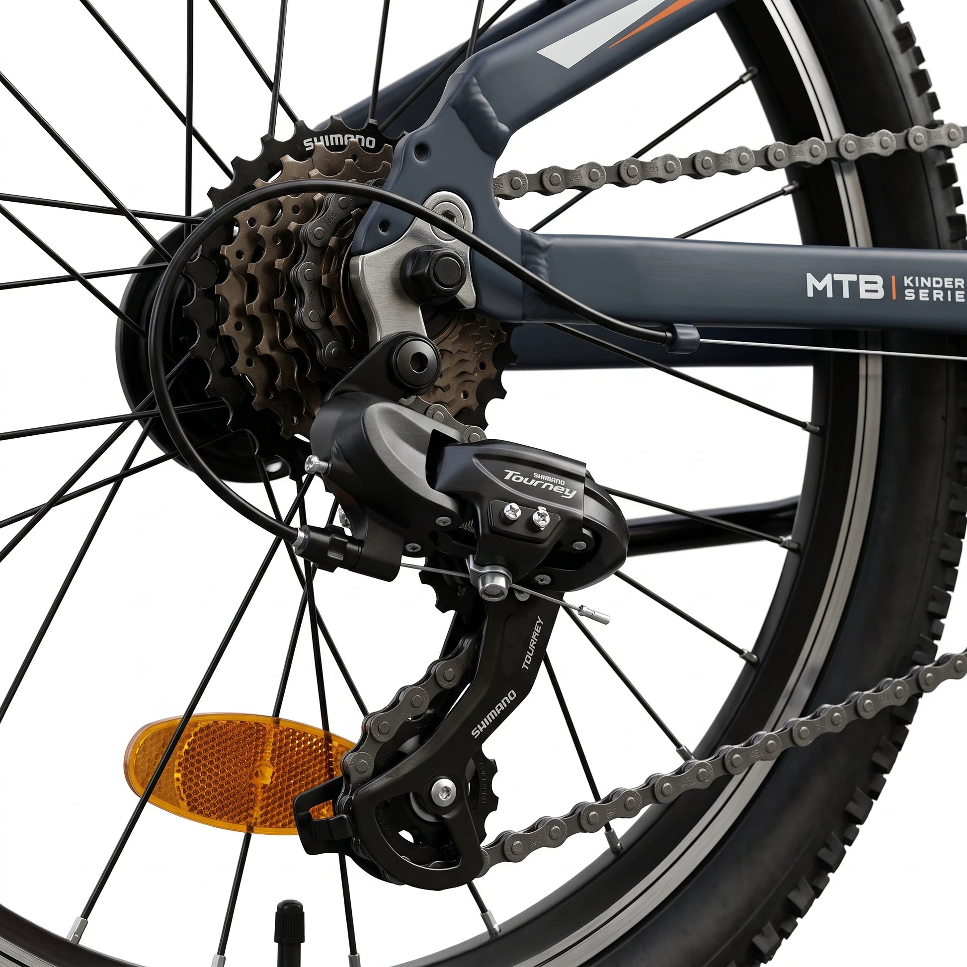 Berlin Bike Grizz Kids Mountain Bike 20 Inch rear gears and drivetrain detail Orange