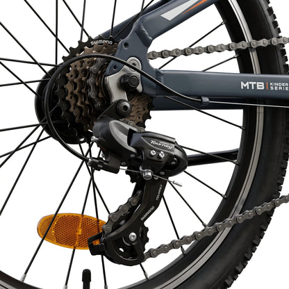 Berlin Bike Grizz Kids Mountain Bike 20 Inch rear gears and drivetrain detail Orange