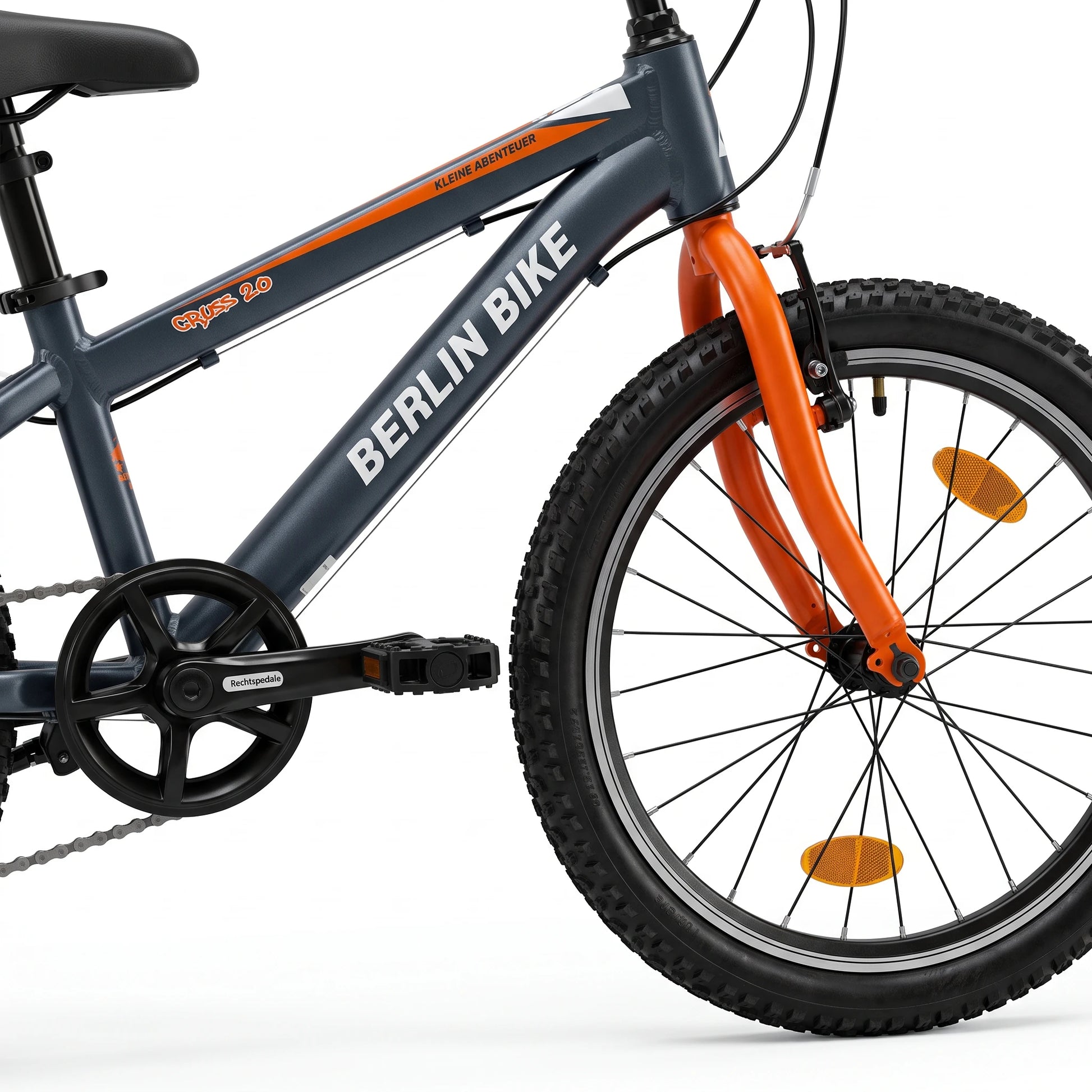 Berlin Bike Grizz Kids Mountain Bike 20 Inch pedal and front wheel orange