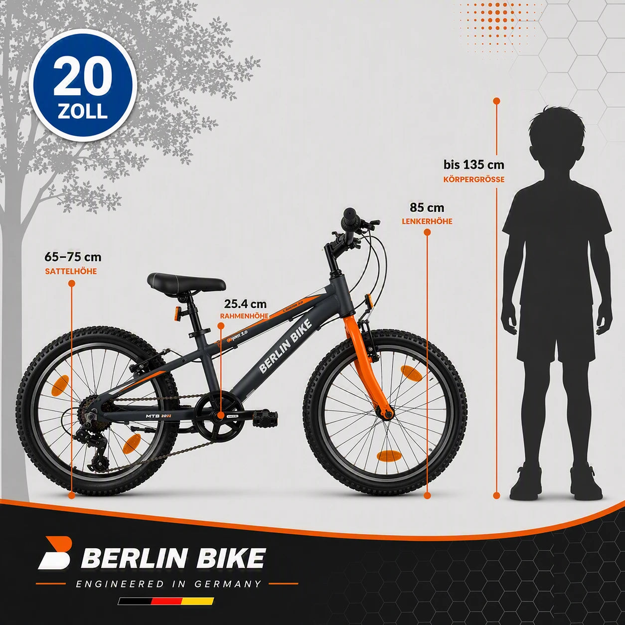 Berlin Bike Grizz Kids Mountain Bike 20 Inch size guide and dimensions chart Orange