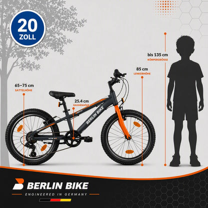 Berlin Bike Grizz Kids Mountain Bike 20 Inch size guide and dimensions chart Orange