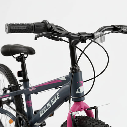 Berlin Bike Grizz Kids Mountain Bike 20 Inch front view showing handlebar and saddle pink