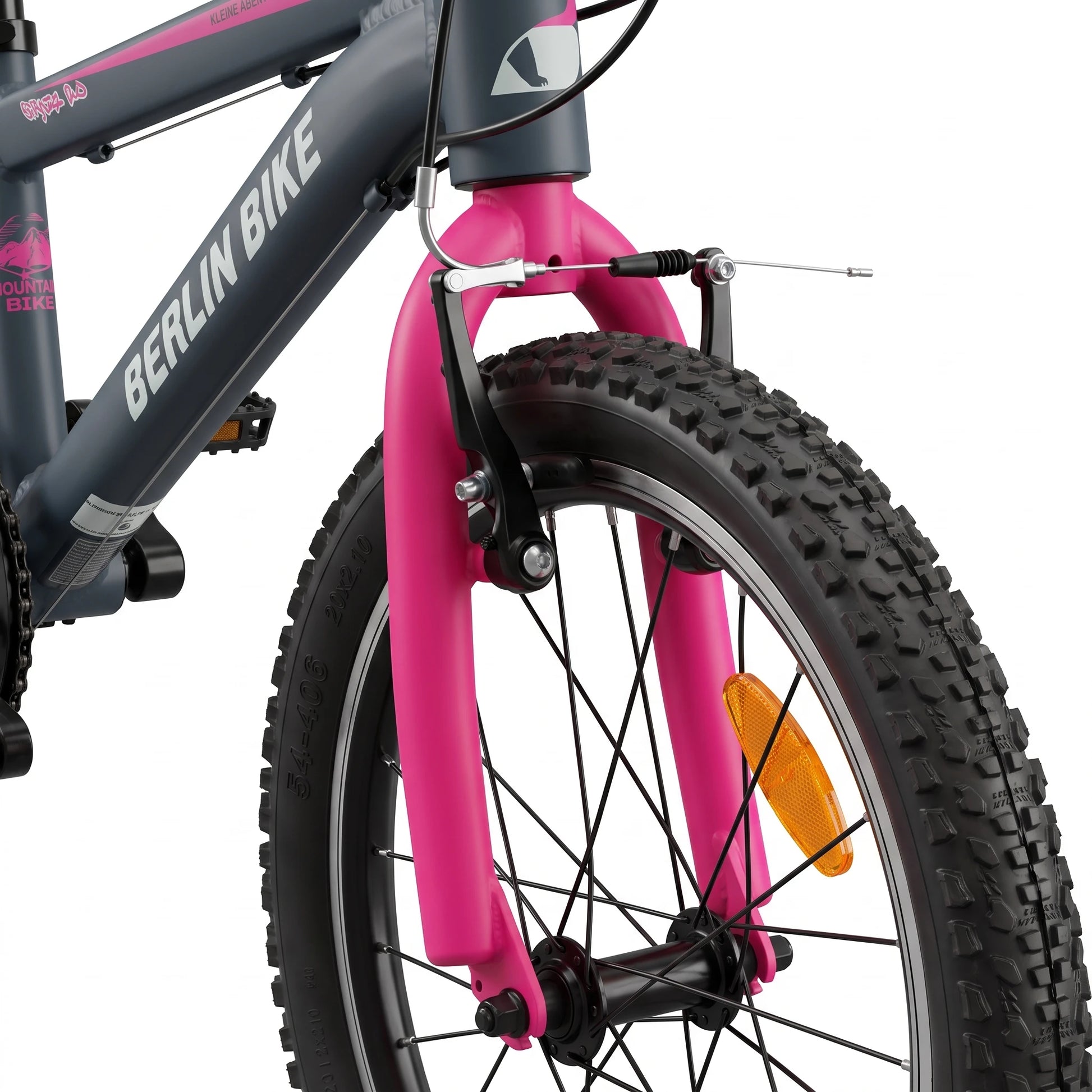 Berlin Bike Grizz Kids Mountain Bike 20 Inch front wheel and V-brake detail pink