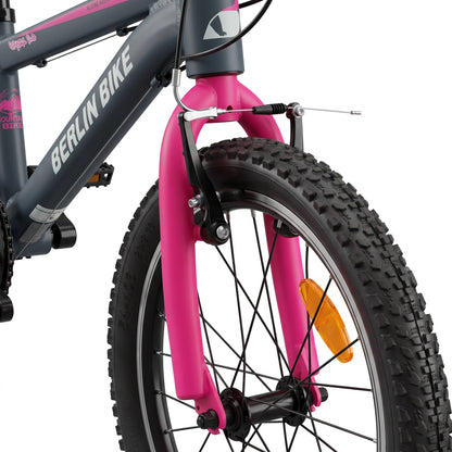 Berlin Bike Grizz Kids Mountain Bike 20 Inch front wheel and V-brake detail pink