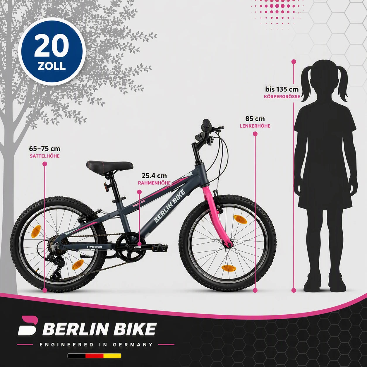 Berlin Bike Grizz Kids Mountain Bike 20 Inch size guide and dimensions chart pink