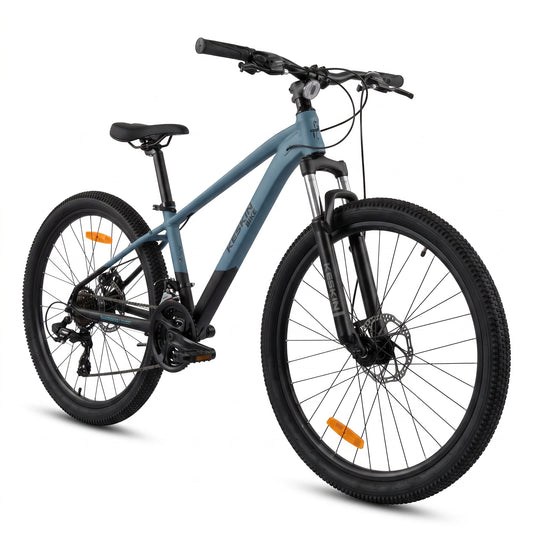 Keskin E-Bike MTB1 mountainbike 26 inch zijaanzicht van 45 graden zwart blauw