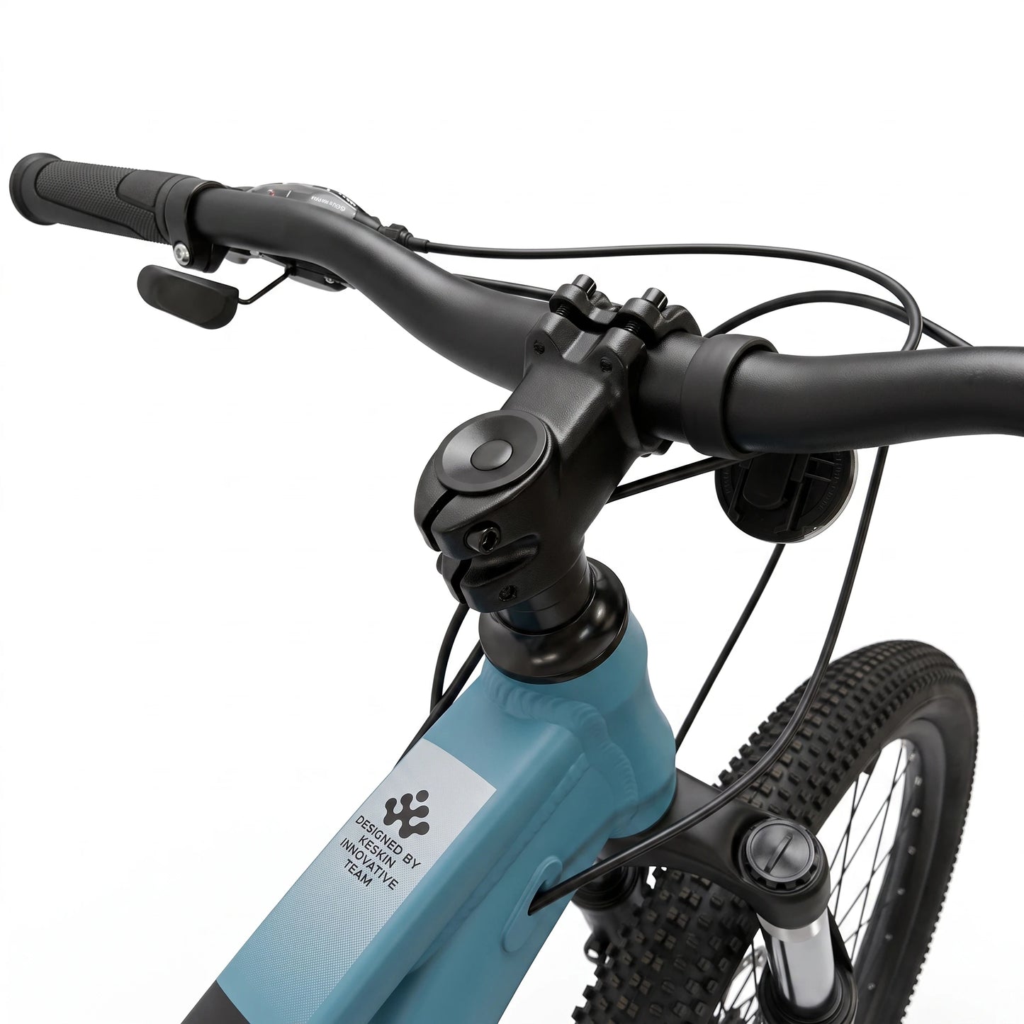 Keskin E-Bike MTB1 mountainbike 26 inch detail van stuur zwart blauw