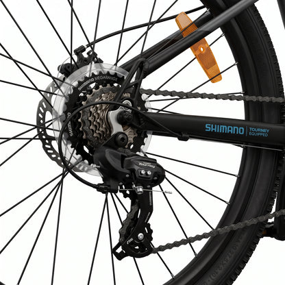 Keskin E-Bike MTB1 mountainbike 26 inch detail van achterderailleur zwart blauw