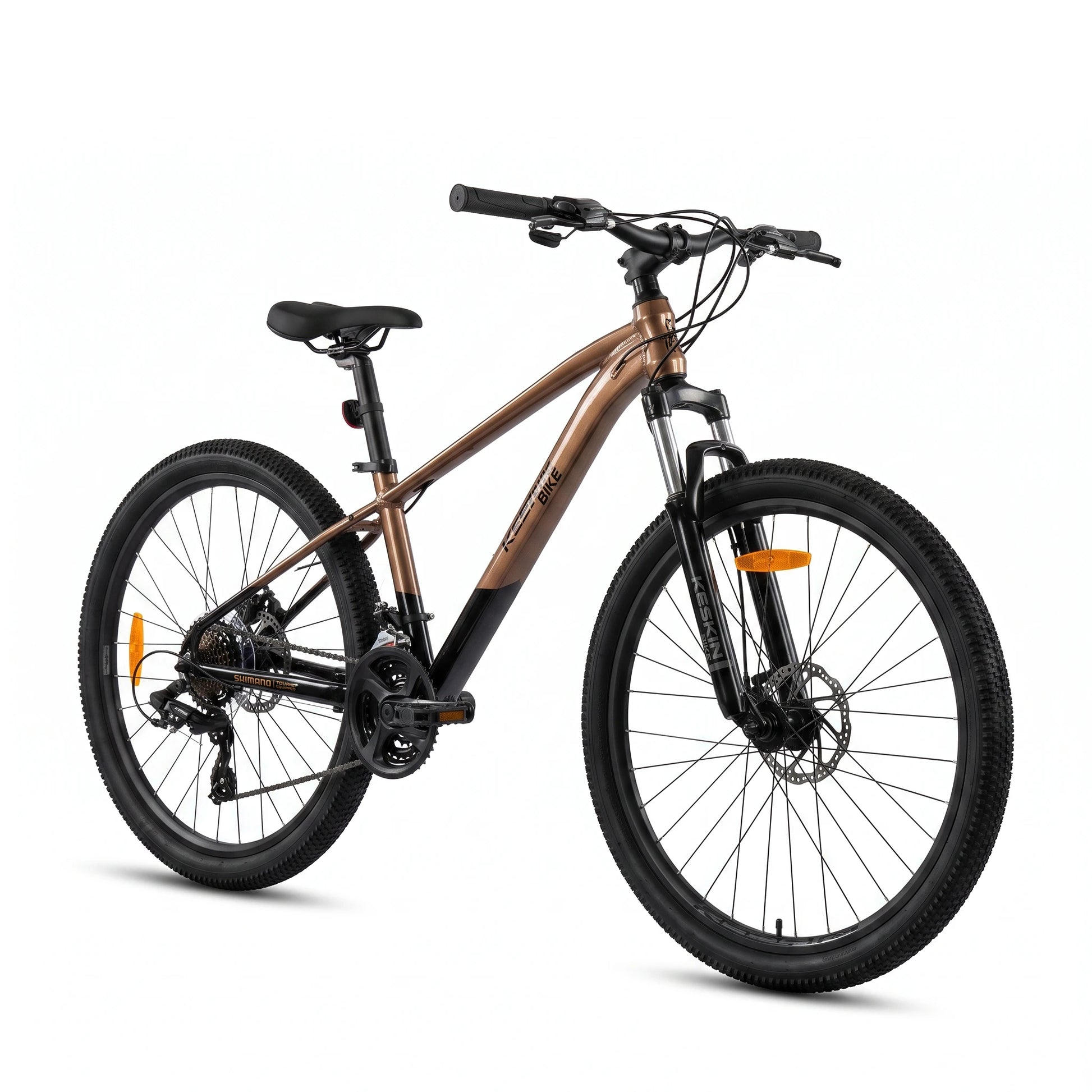Keskin E-Bike MTB1 mountainbike 26 inch zijaanzicht van 45 graden brons zwart