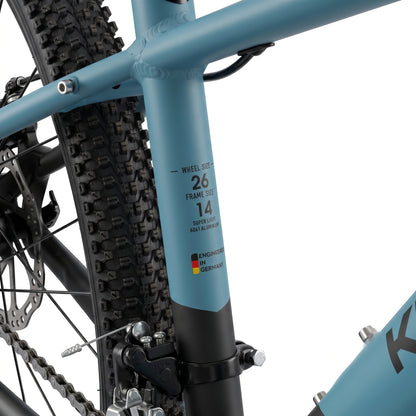 Keskin E-Bike MTB1 mountainbike 26 inch framedetail zwart blauw
