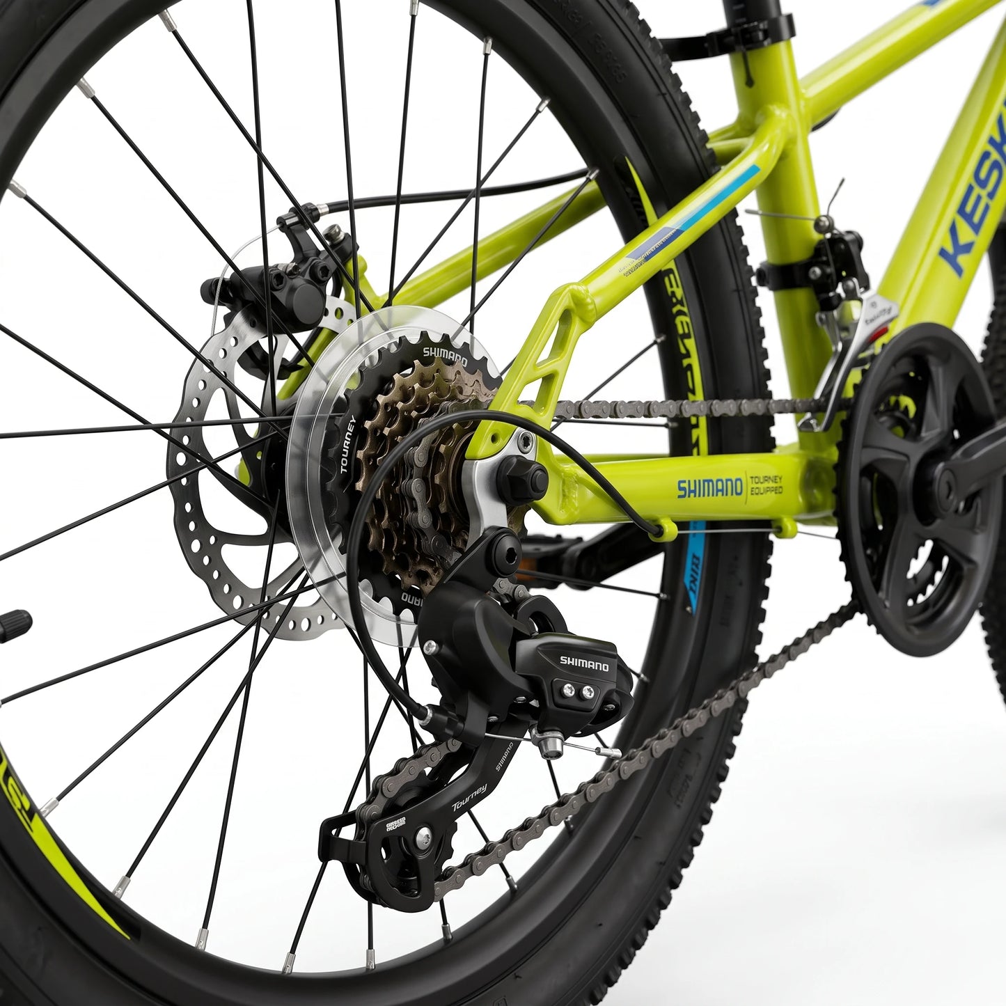 Keskin E-Bike MTB1 vélo tout-terrain pour enfants 20 pouces, détail des vitesses arrière et de la transmission, vert fluo