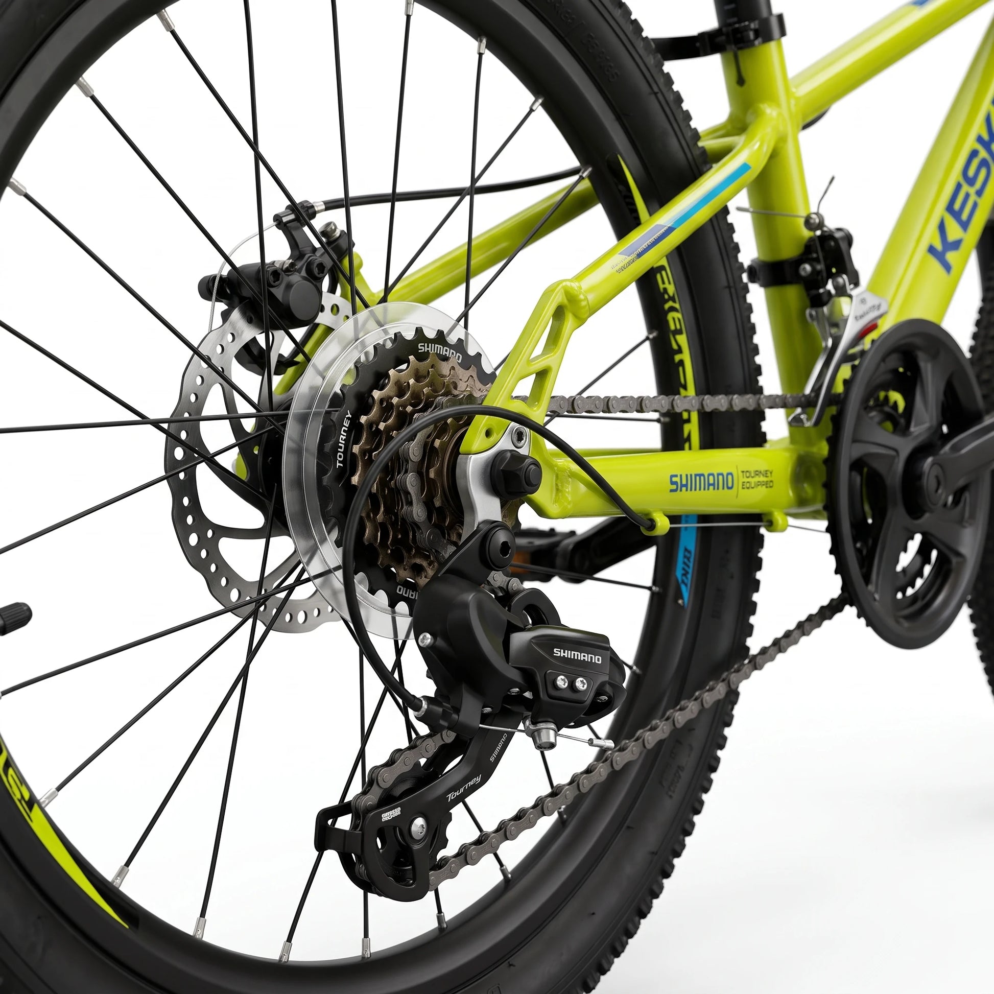 Keskin E-Bike MTB1 vélo tout-terrain pour enfants 20 pouces, détail des vitesses arrière et de la transmission, vert fluo