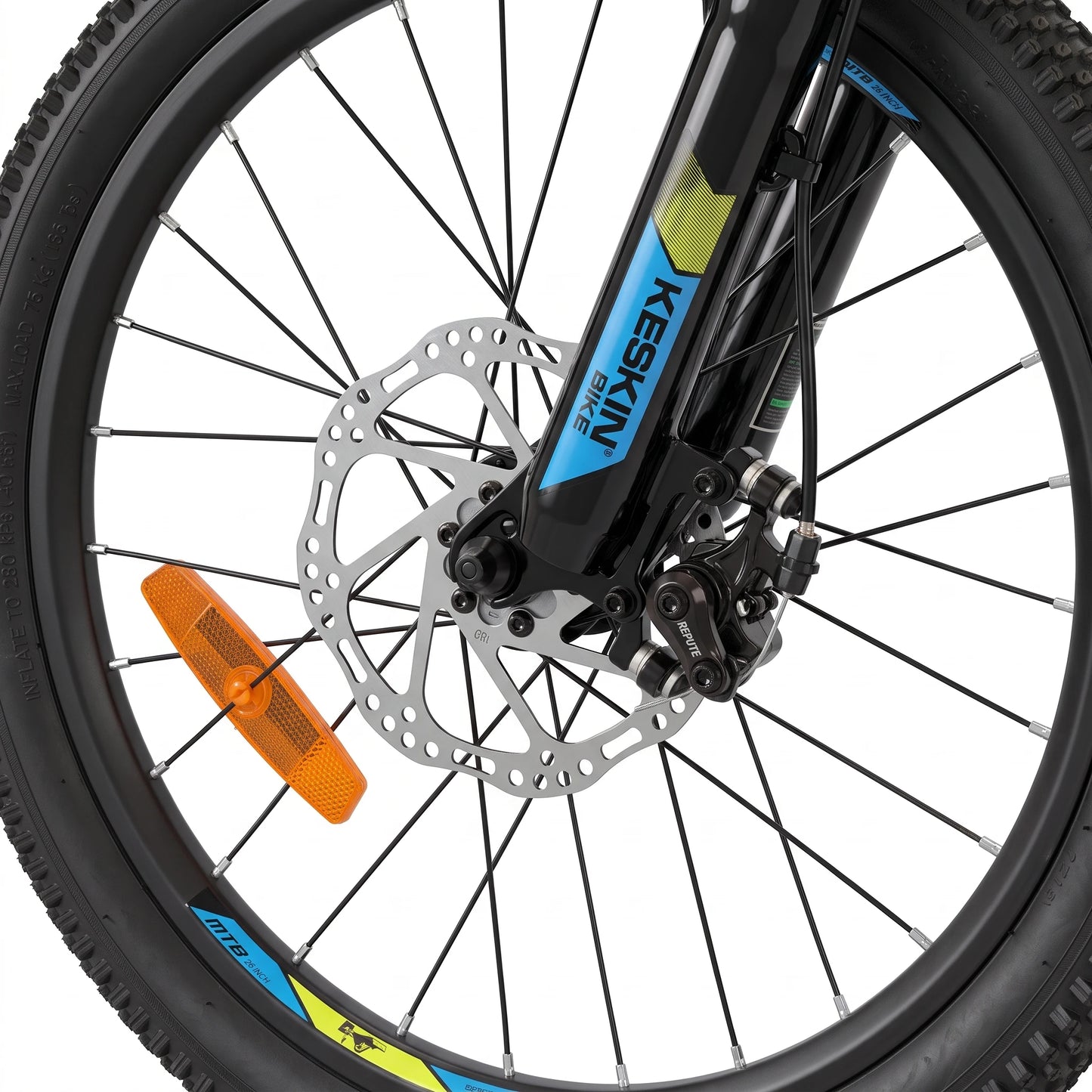 Keskin E-Bike MTB1 vélo tout-terrain pour enfants 20 pouces, détail du frein à disque avant, vert fluo