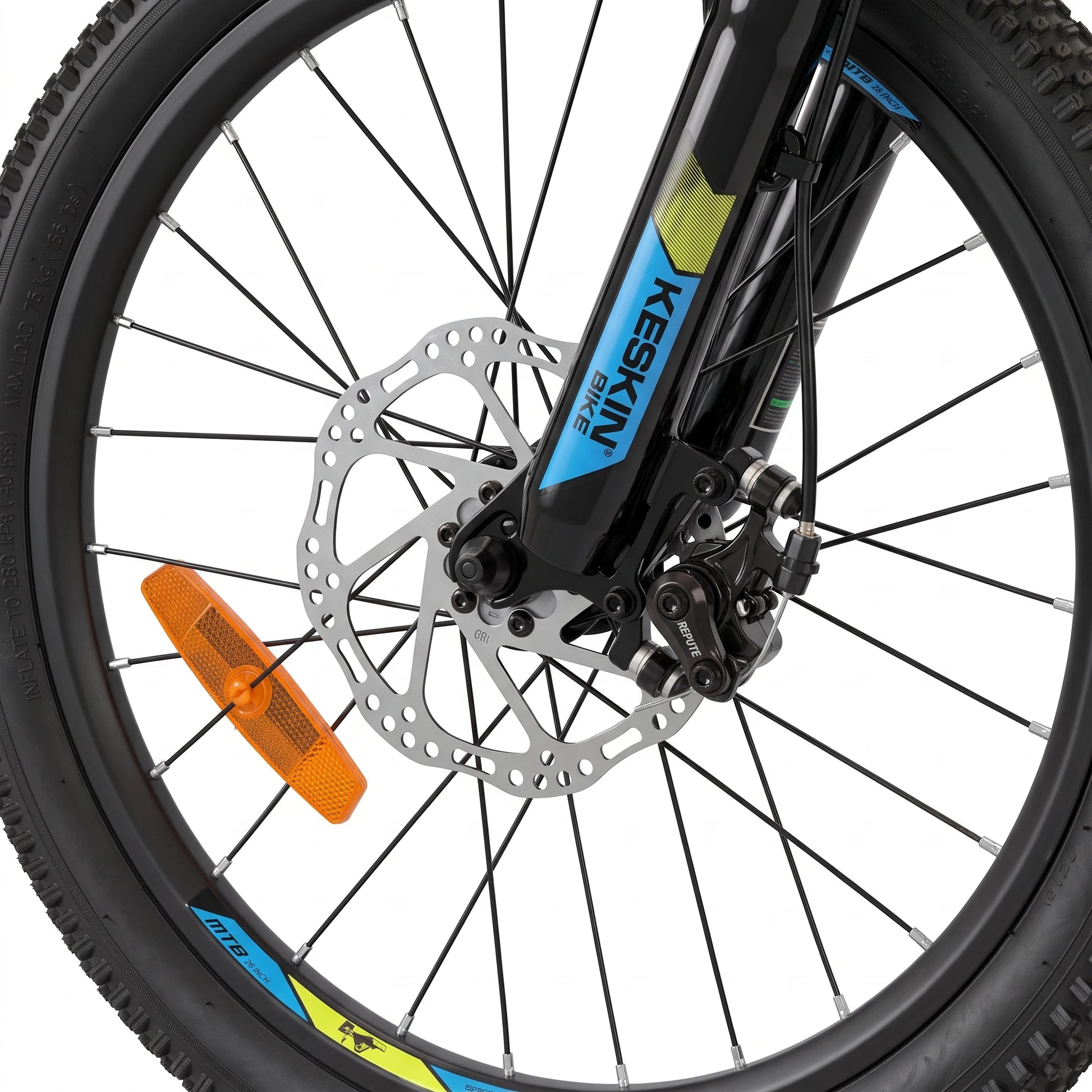 Keskin E-Bike MTB1 vélo tout-terrain pour enfants 20 pouces, détail du frein à disque avant, vert fluo
