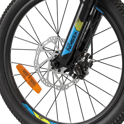 Keskin E-Bike MTB1 vélo tout-terrain pour enfants 20 pouces, détail du frein à disque avant, vert fluo