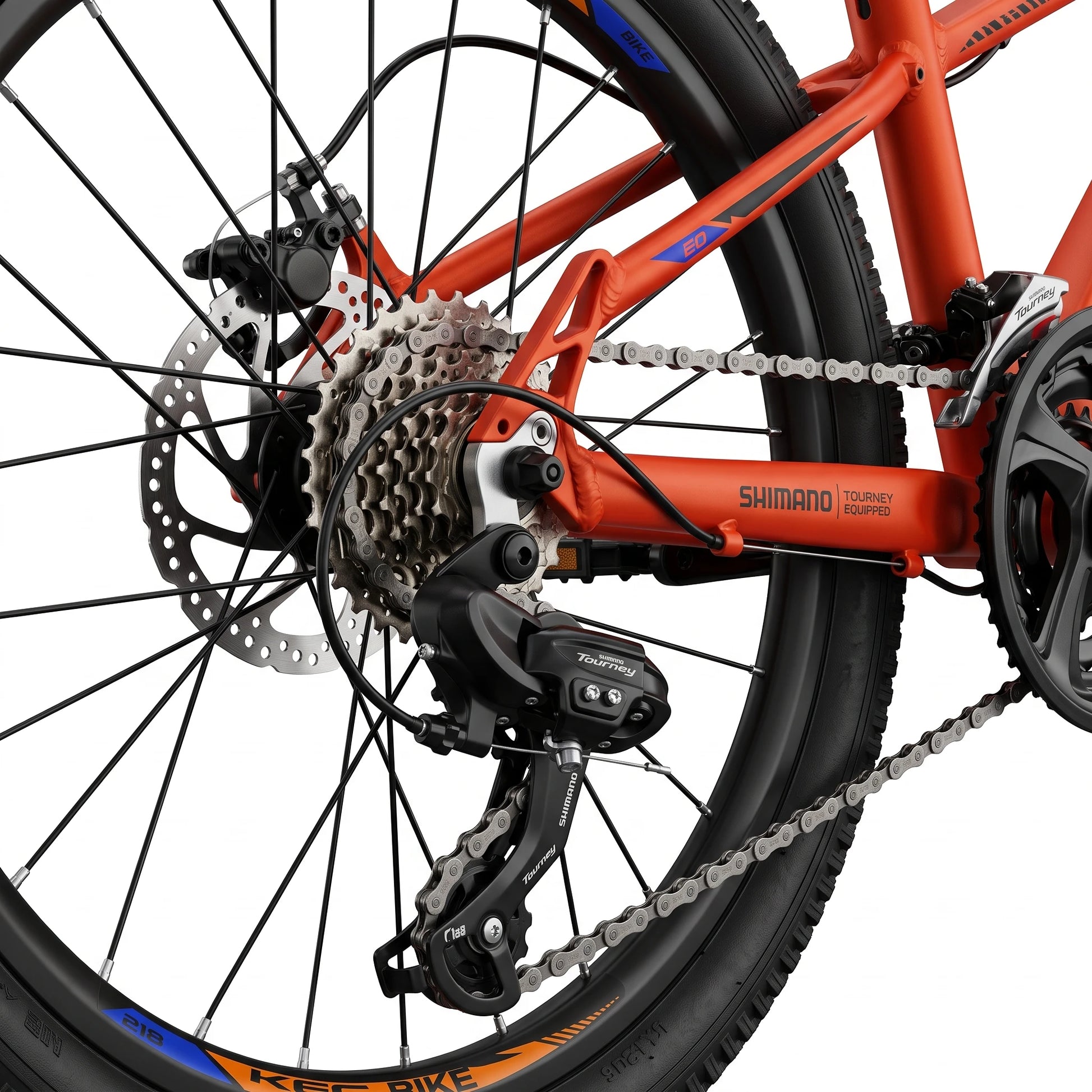 Keskin E-Bike MTB1 vélo tout-terrain pour enfants 20 pouces, détail des vitesses arrière et de la transmission, orange