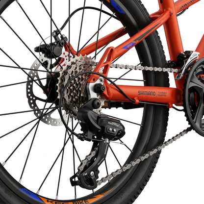 Keskin E-Bike MTB1 vélo tout-terrain pour enfants 20 pouces, détail des vitesses arrière et de la transmission, orange