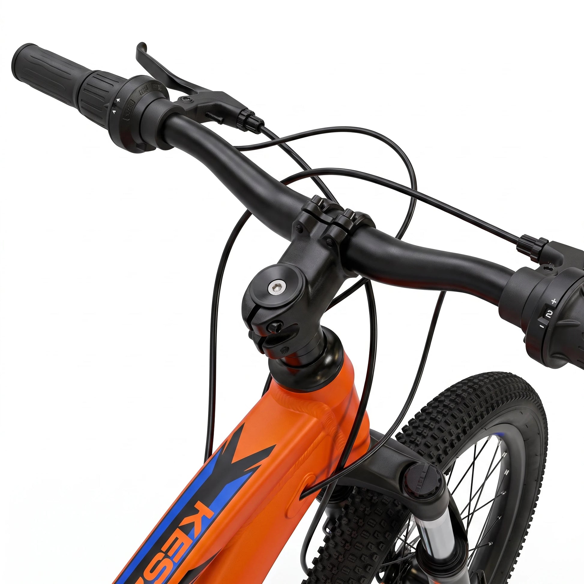 Keskin E-Bike MTB1 vélo tout-terrain pour enfants 20 pouces, détail du guidon, orange