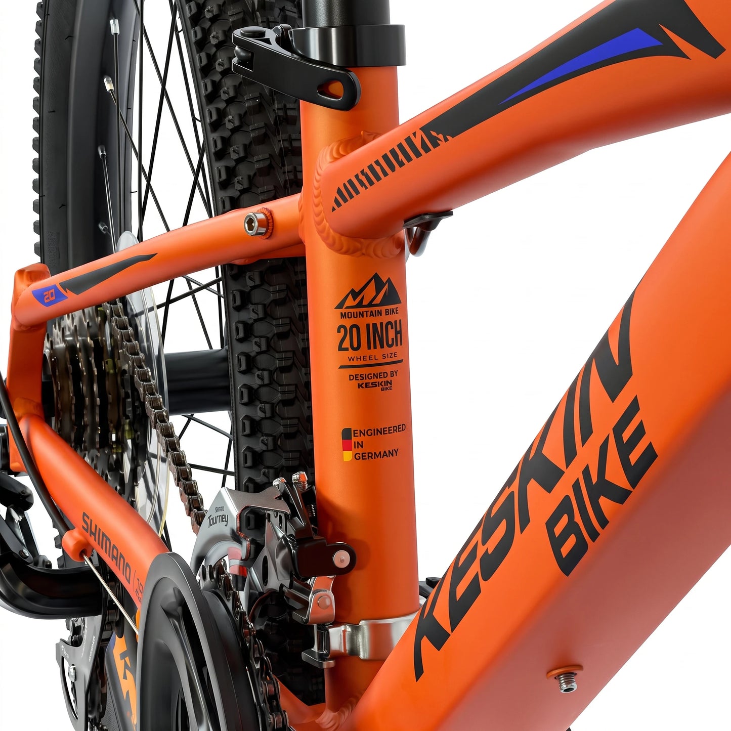 Keskin E-Bike MTB1 vélo tout-terrain pour enfants 20 pouces, détail du cadre, orange