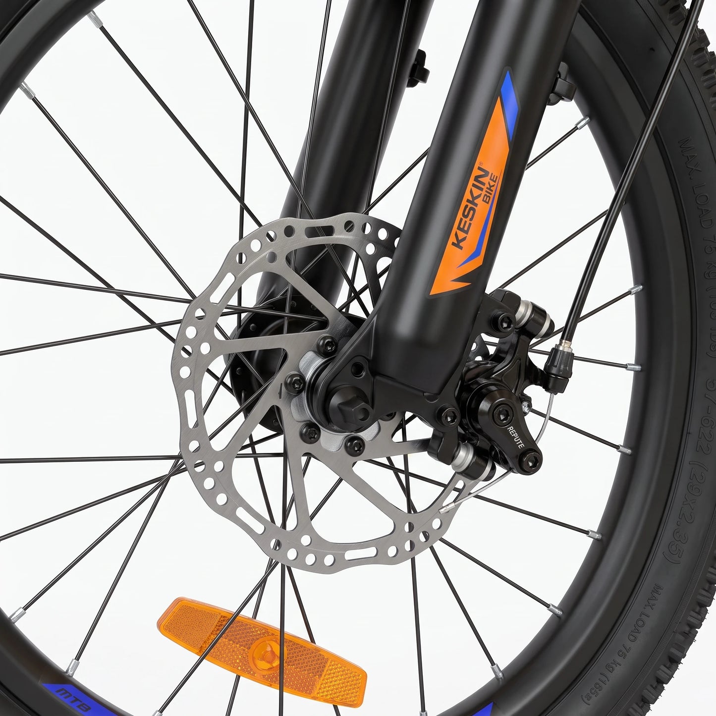Keskin E-Bike MTB1 vélo tout-terrain pour enfants 20 pouces, détail du frein à disque avant, orange