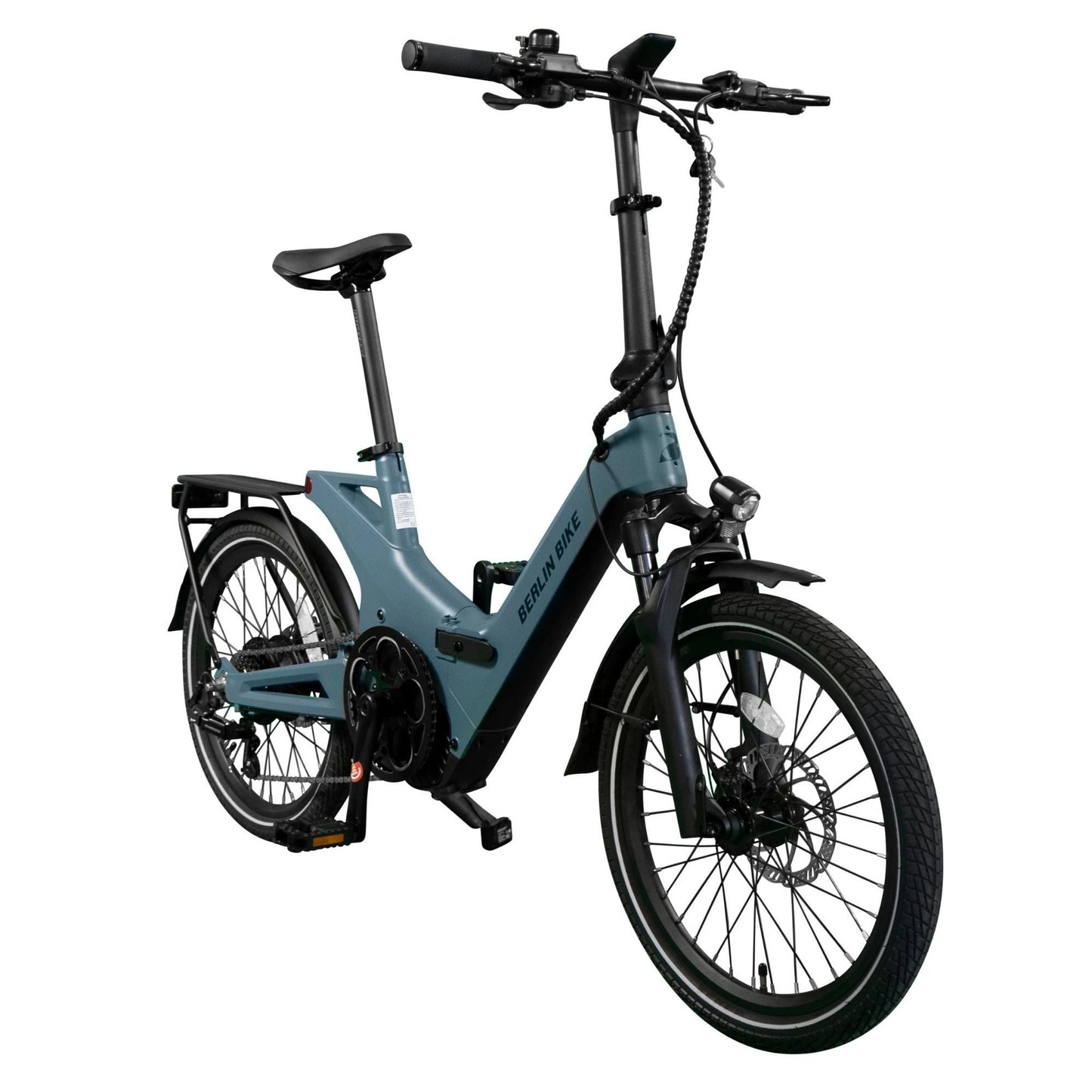 Vélo électrique pliant Berlin Bike 2GO 20 pouces, vue de côté à 45 degrés, bleu foncé